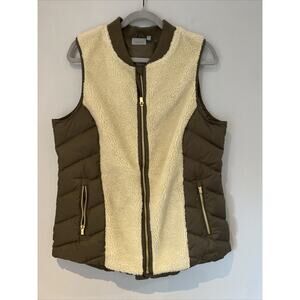 ATHLETA Goose Down Puffer Vest Women Size L Green Zip Up Fleece Front